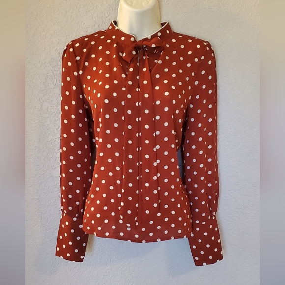 💚5/$25 Brick Red  Long Sleeve Tied Neck Polka Dot Blouse Size Small - Picture 1 of 8